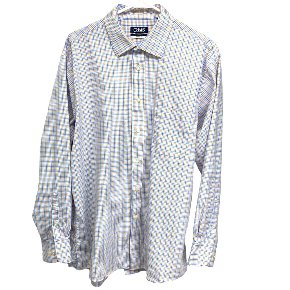 Chaps Shirt XL 17.5 34/35 Comfort Stretch Blue & Light Orange Plaid on White